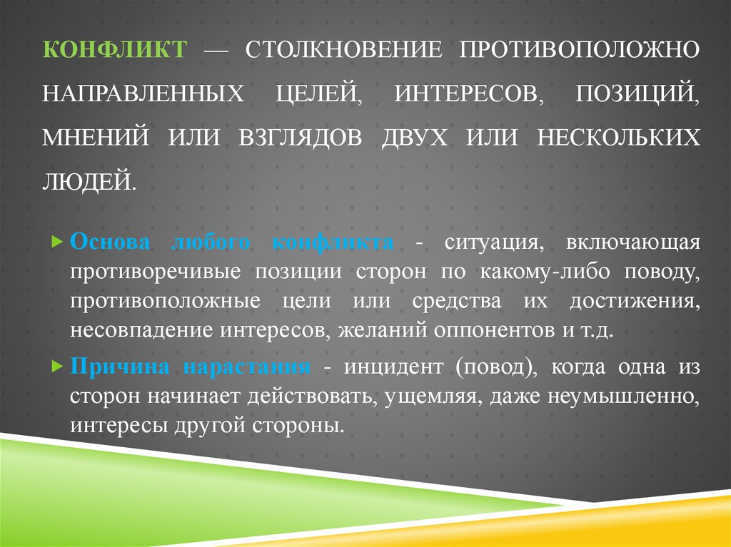 Столкновение противоположных действий взглядов интересов стремлений планов различных людей это