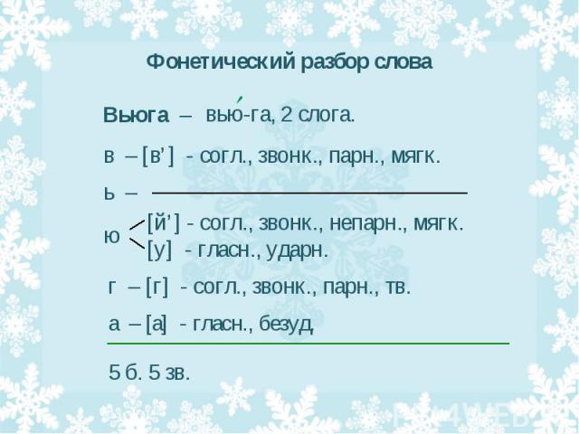 Вьюга разбор слова по звукам и буквам схема