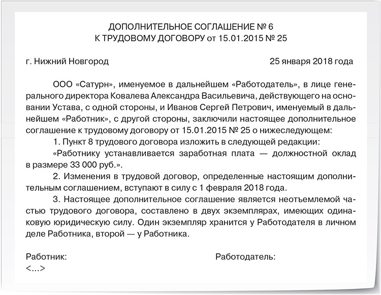 Образец дополнительного соглашения на изменение оклада сотруднику