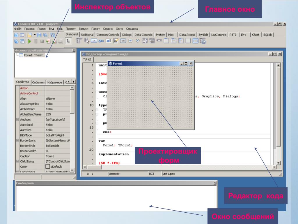Что входит в главное окно проекта lazarus