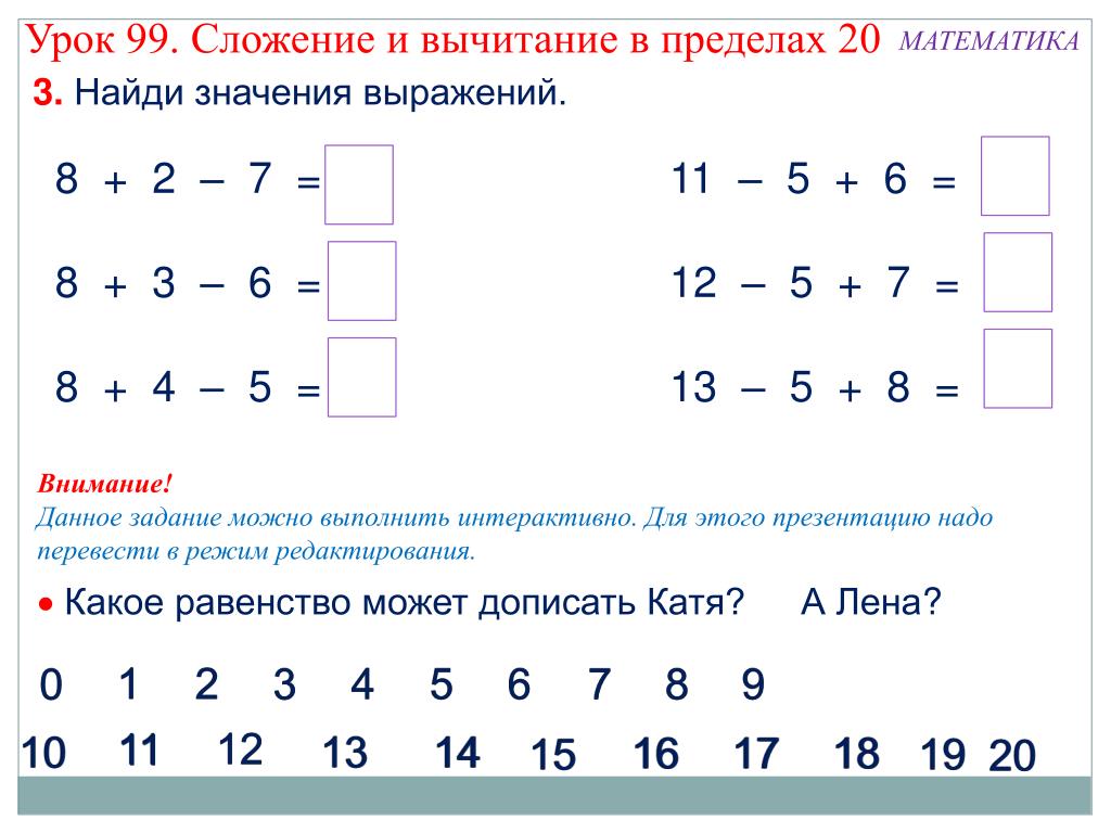 Сложение и вычитание чисел в пределах 20 1 класс презентация