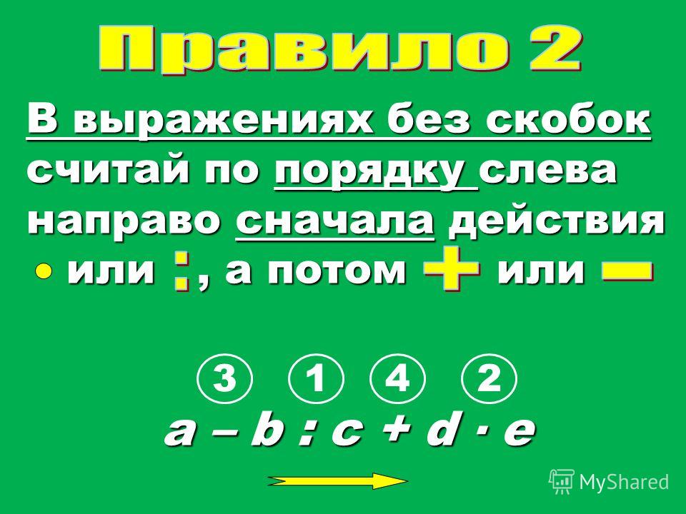 Какое действие сначала умножение или деление. Порядок выполнения действий в выражениях без скобок.